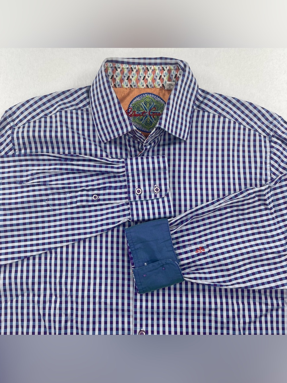 Robert Graham Shirt Mens L Purple Gingham Plaid Button Down Flip Cuff Paisley